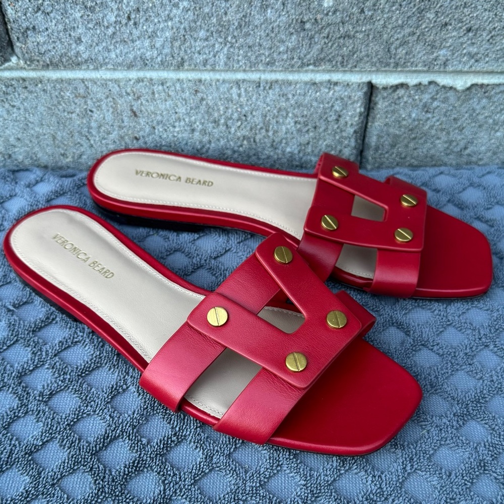 Veronica Beard Red Leather Via Slide Sandals Gold Studs 7 M